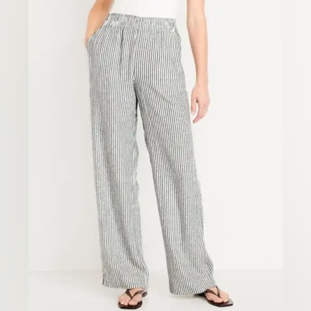 Old Navy High-Waisted Linen-Blend Pocketed Pull-On Pants: Blue Stripe - XL
